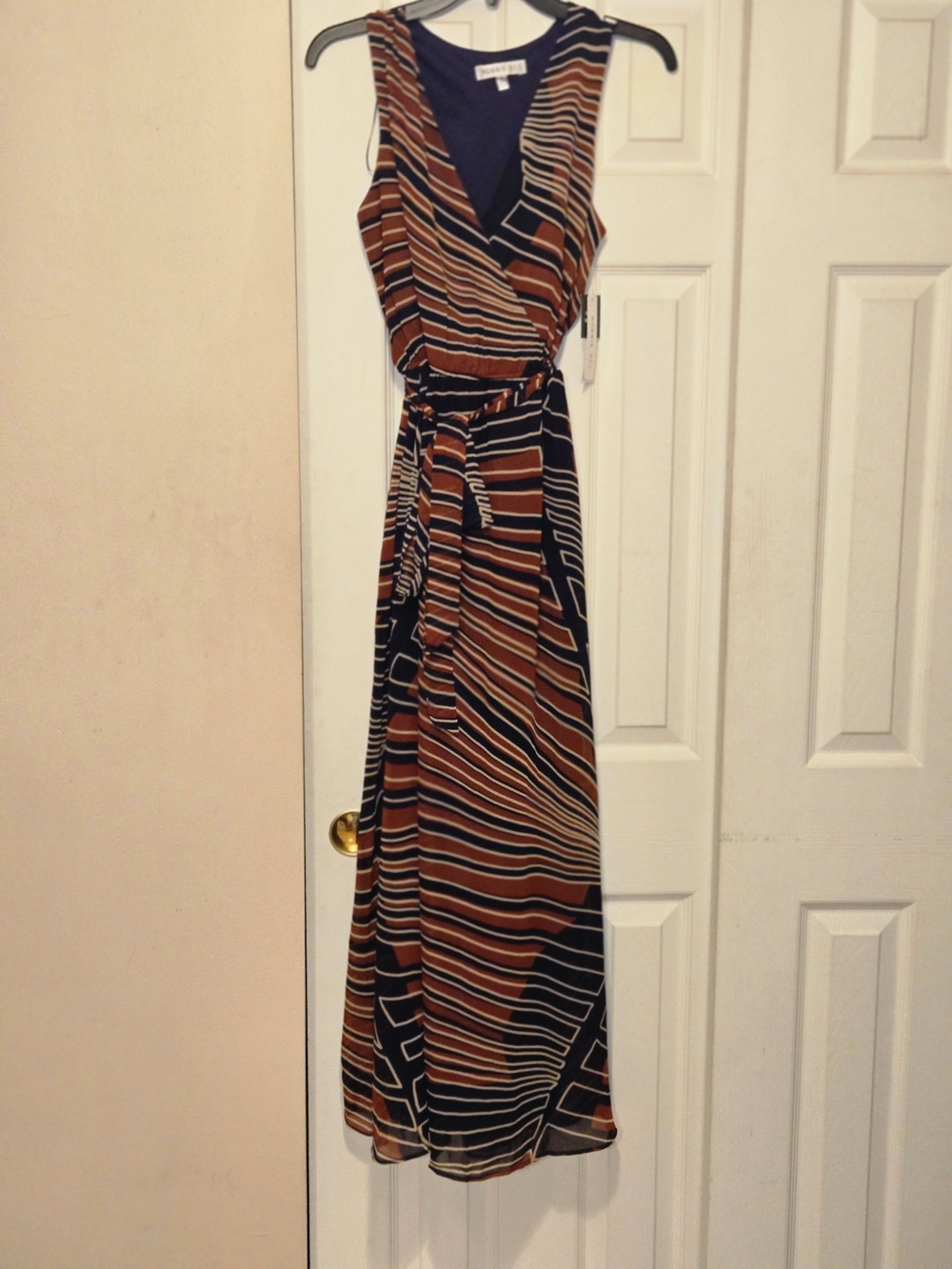 Robbie Bee Navy, Rust & Cream Striped Wrap Dress - Picture 4 of 8